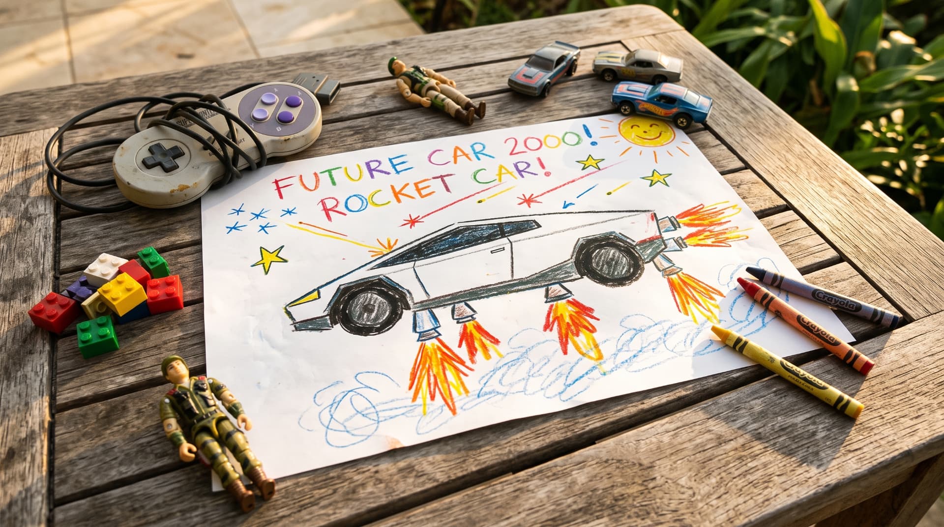 Dibujo infantil de un carro con cohetes hecho por Radhames Luquis en 1991